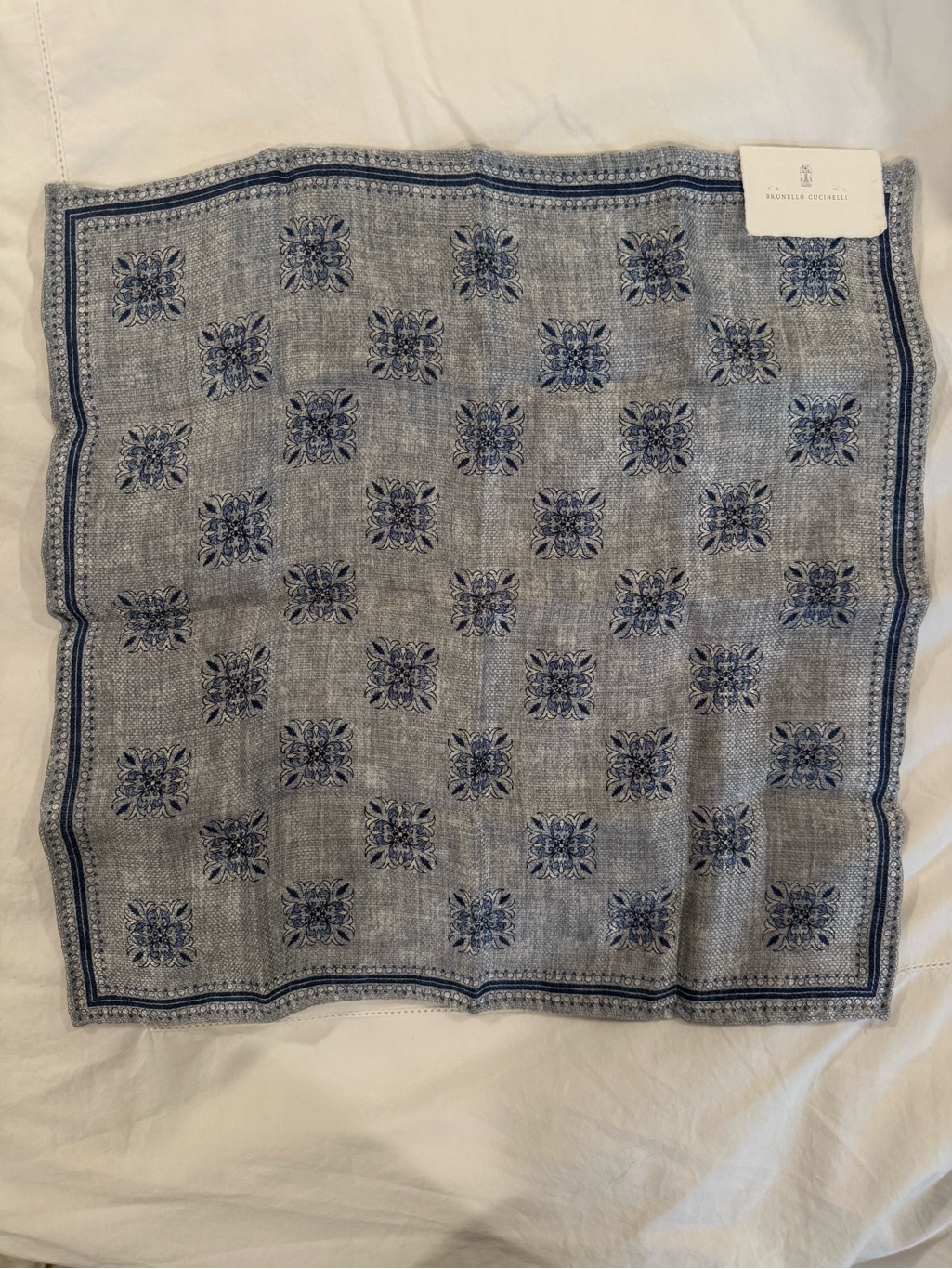 Brunello Cucinelli Blue And White Floral Knit Reversible Pocket Square